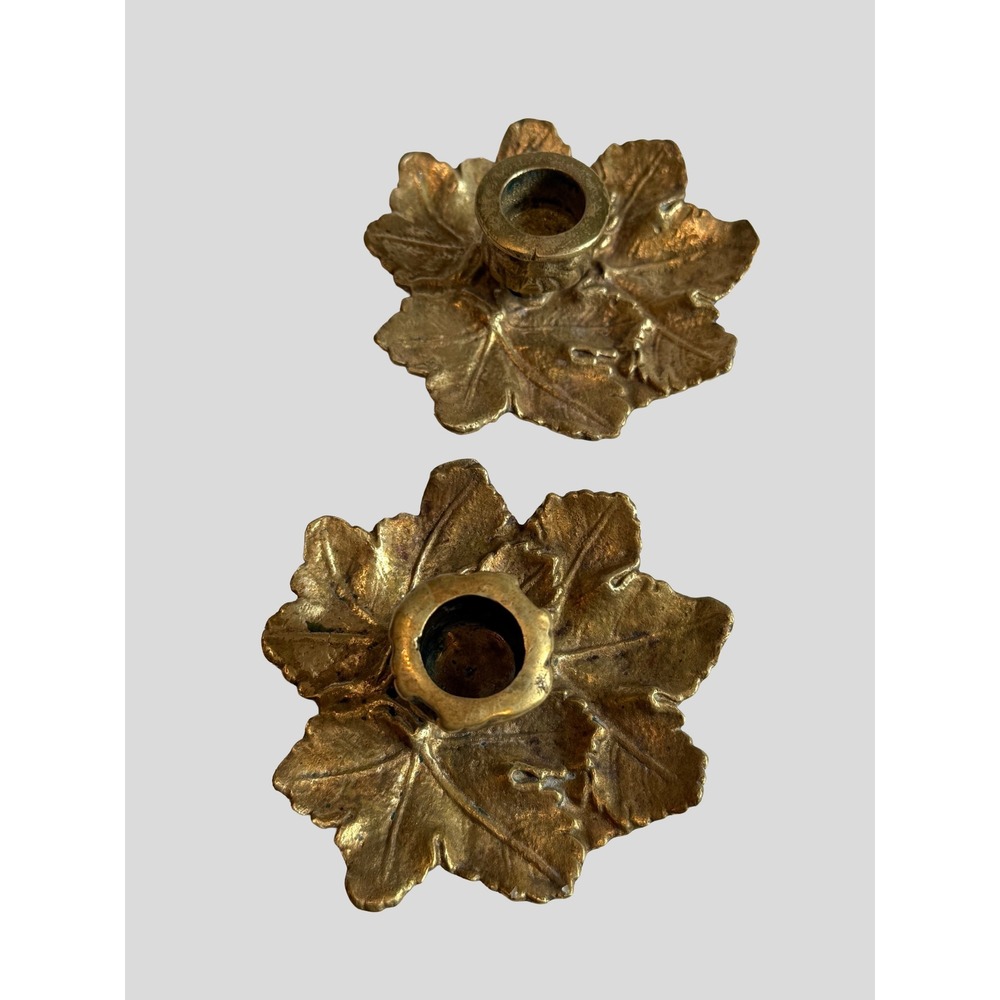 Vintage Brass Leaf Taper Candle Holders Pair Cast Metal Gold Tone Decor Set 2